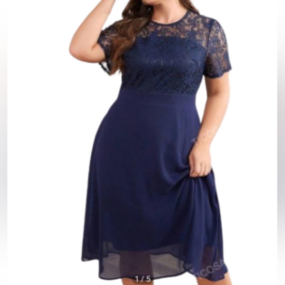 Shein Navy Lace Splicing Chiffon Midi Dress Sz 3XL
